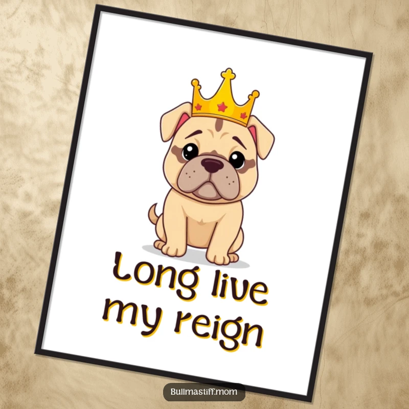 Funny digital art print of a confident Bullmastiff wearing a crown, posing majestically, ideal for dog-themed wall decor.