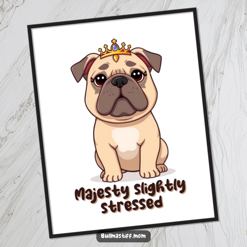 Funny Bullmastiff Digital Art Print: A regal Bullmastiff wearing a tiara, ready for humorous and majestic decor.
