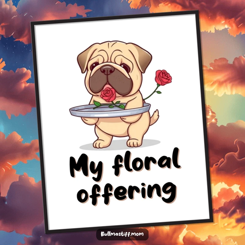 Funny Bullmastiff digital art print of a dog carefully carrying a tray with a single rose, symbolizing devotion and humor.