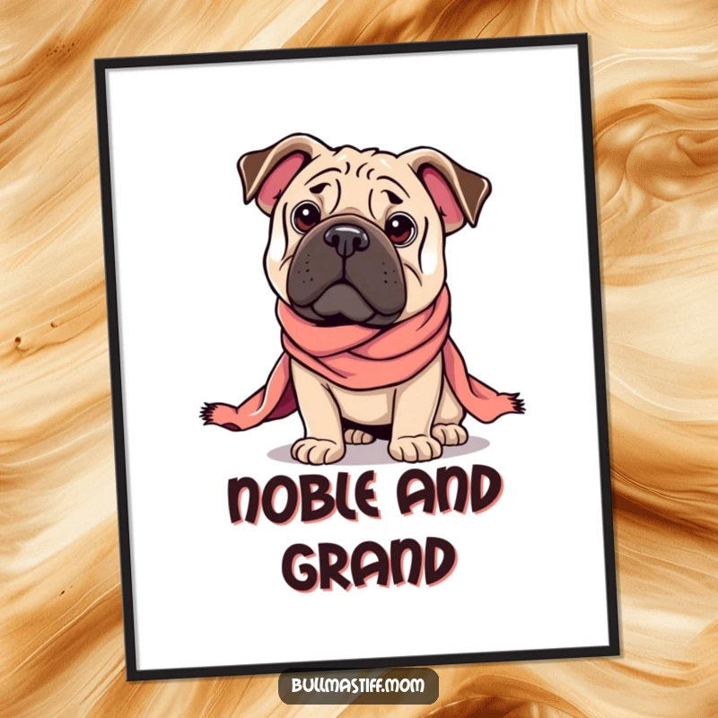 Funny Regal Bullmastiff digital art print of a dog in a majestic pose, draped in a silk scarf, offering regal humor.