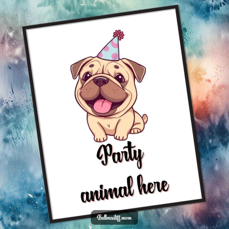 Funny Bullmastiff party digital art print, a happy dog wearing a tiny party hat, ideal for festive decor.