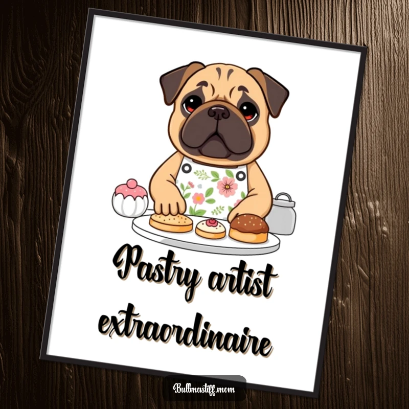 Funny Bullmastiff dog wearing a floral apron, happily baking pastries, as a digital art print, a funny gift.