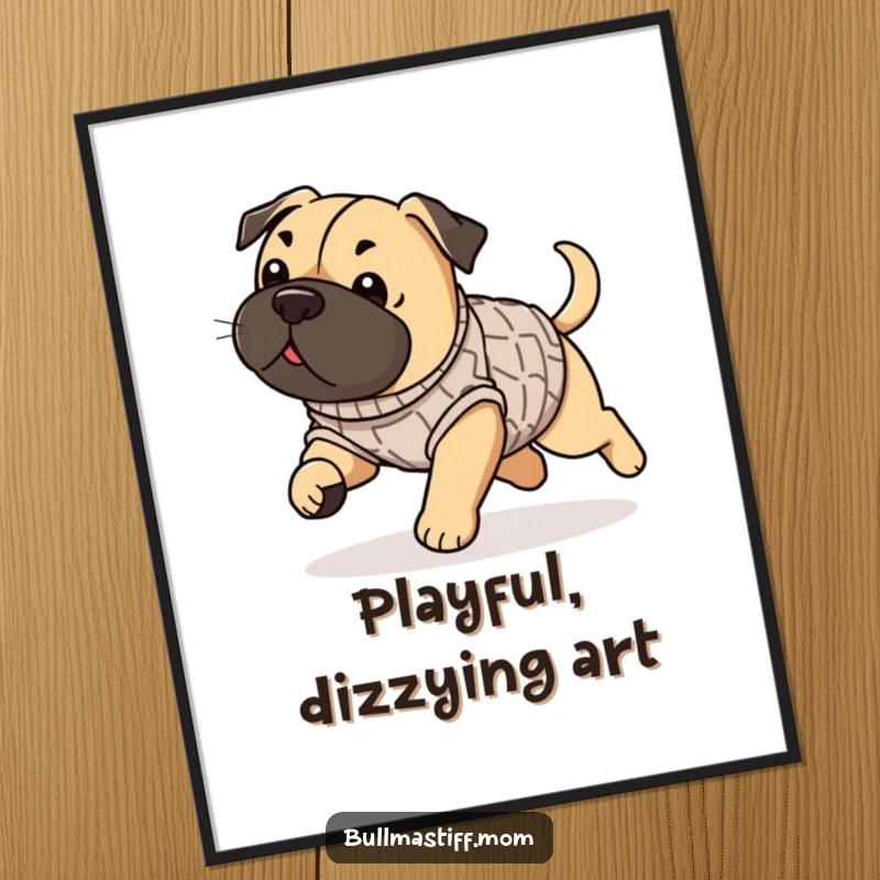 Funny Bullmastiff digital art print of a dog in a sweater playfully chasing its tail, adding dynamic humor.