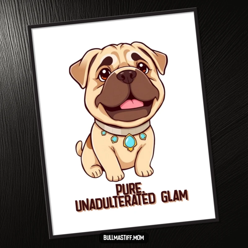 Funny Bullmastiff Pride Digital Art Print: A Bullmastiff wears a jeweled collar and beams with gentle pride, exuding regal humor.