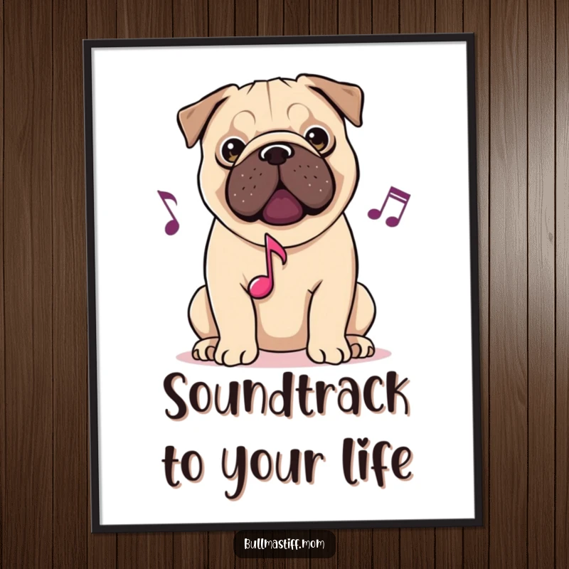 Funny digital art print of a Bullmastiff with musical notes, enjoying a melody, ideal for music-themed dog wall decor.