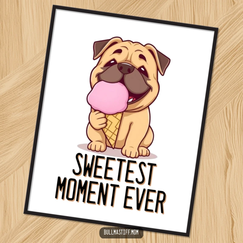 Funny Bullmastiff digital art print of a dog with a playful grin licking a giant ice cream cone, instant sweet art.