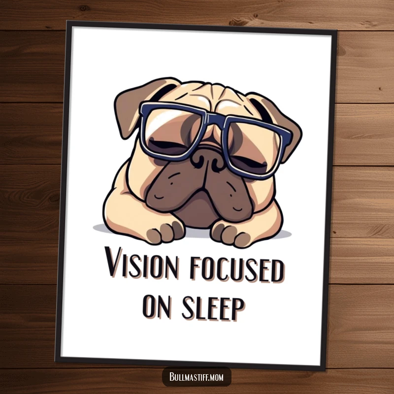 Funny Bullmastiff digital art print of a dog wearing oversized glasses, peacefully napping, adding humorous decor.