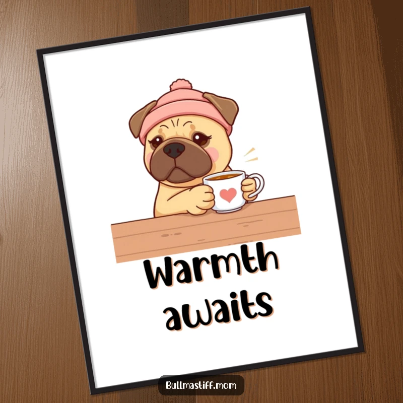 Funny Bullmastiff tea time digital art print, a dog in a warm hat offering tea, ideal for cozy home decor.