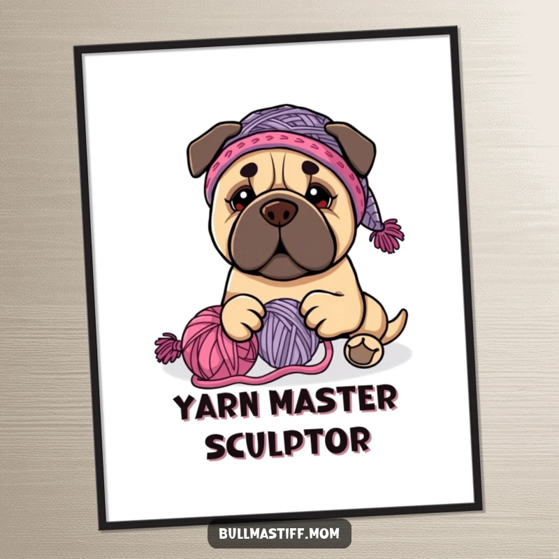 Funny Bullmastiff dog wearing a knit hat, happily playing with yarn, as a digital art print, a funny gift.
