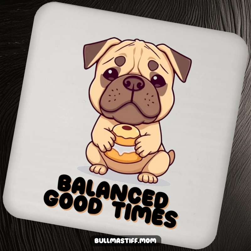 Funny Bullmastiff Coaster: A sweet Bullmastiff showing impressive balance with a pastry, protecting your furniture with canine charm.