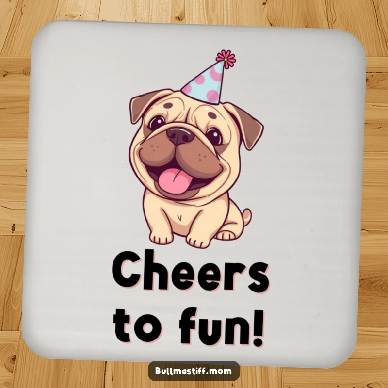 Funny Bullmastiff party coaster, a happy dog with a tiny party hat, adding festive charm to tables.