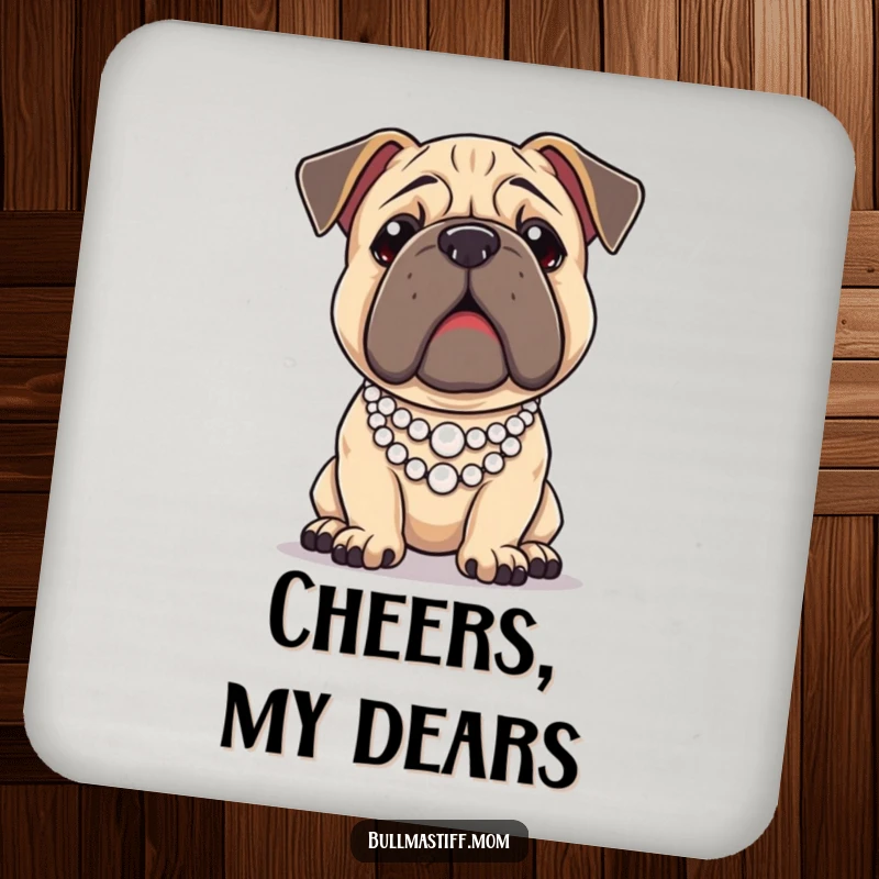 Funny Bullmastiff dog wearing a pearl necklace and posing regally, ideal for protecting surfaces on this coaster set.