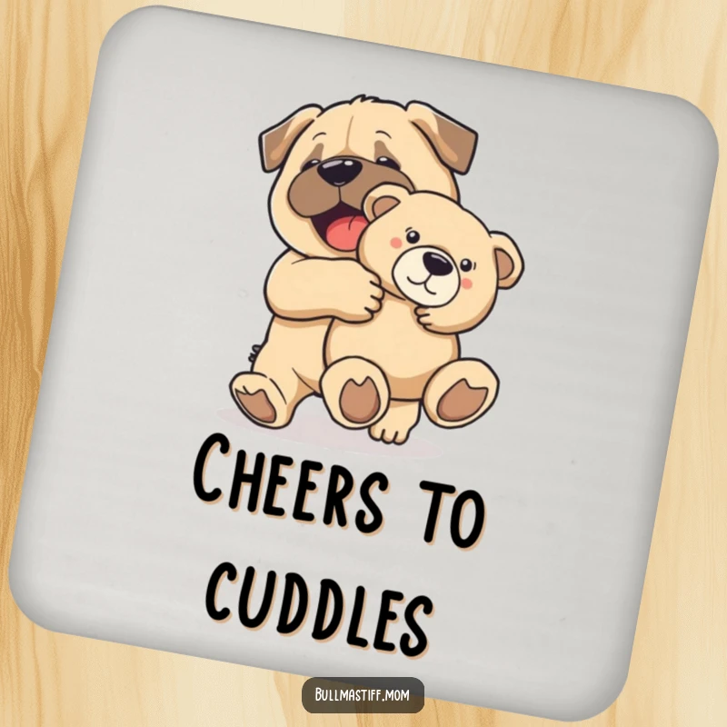 Funny Bullmastiff dog joyfully carrying a teddy bear, designed on a protective drink coaster.