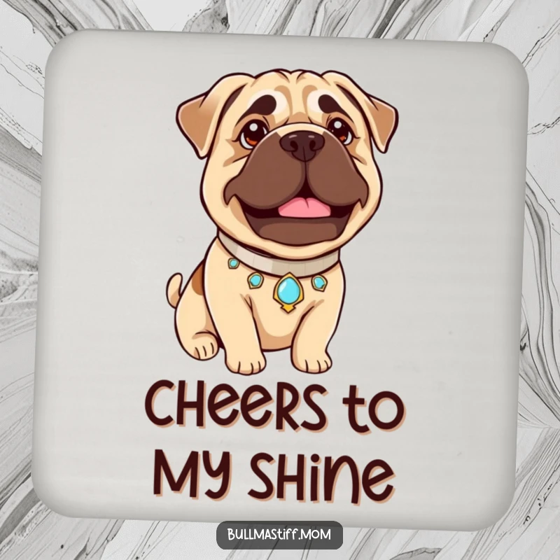 Funny Bullmastiff Pride Coaster: A Bullmastiff beams gently with pride while wearing a jeweled collar, elegantly protecting surfaces.