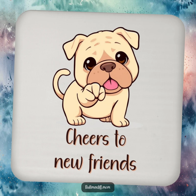Funny Bullmastiff coaster featuring a happy dog with a wagging tail offering its paw for a handshake. Friendly decor.