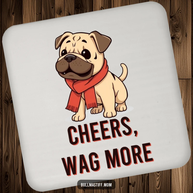 Funny Bullmastiff wearing a scarf, wagging its tail enthusiastically, on a set of drink coasters.
