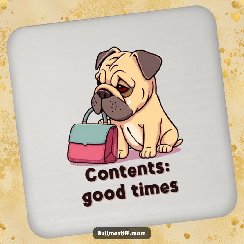 Funny Bullmastiff Handbag Coaster: A Bullmastiff thoughtfully checks its dainty handbag, a humorous and stylish coaster design.