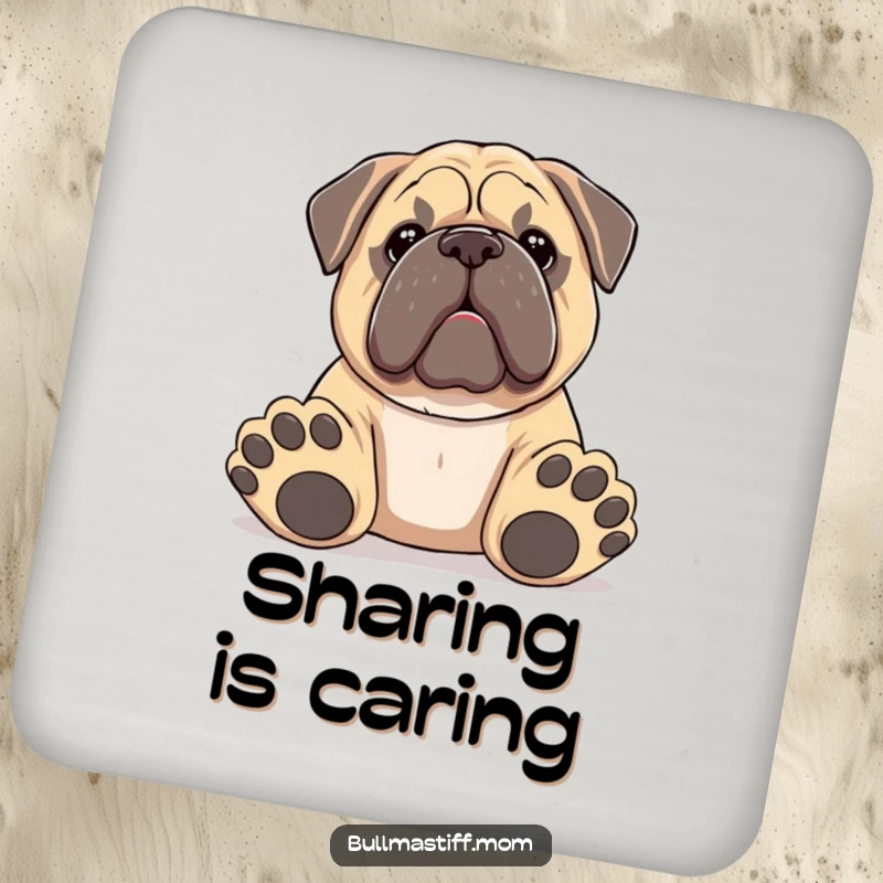 Funny Bullmastiff coaster set showing a dog with big paws offering a toy, protecting surfaces with humor.