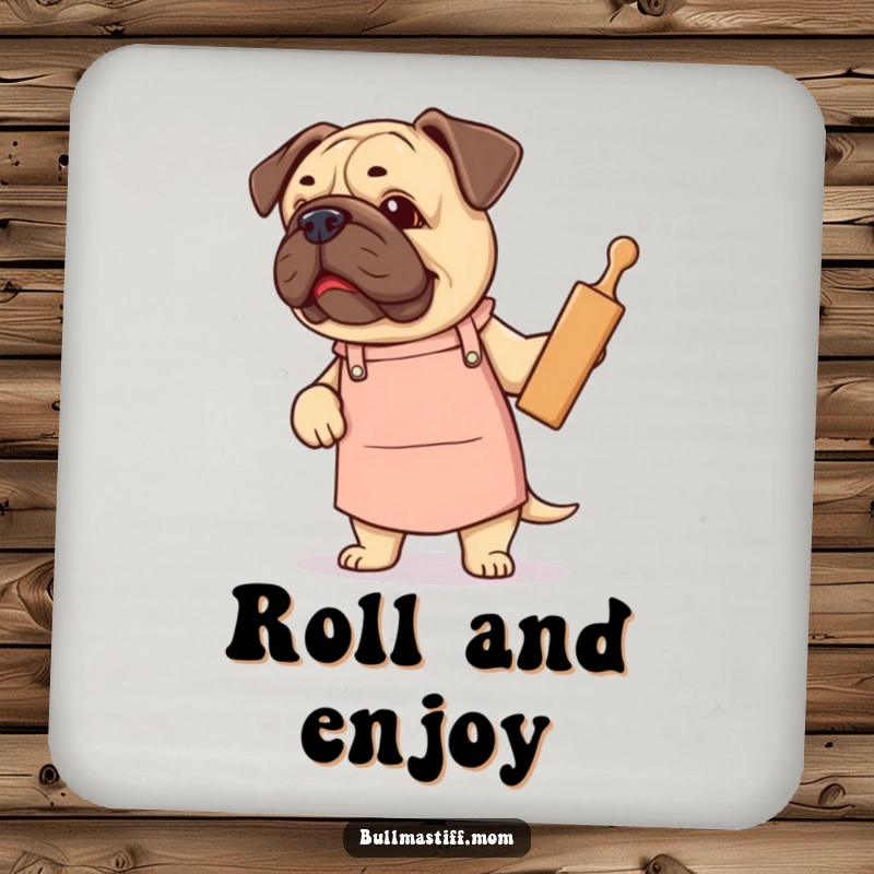 Funny Bullmastiff coaster showing a dog in an apron proudly holding a rolling pin, baking motif.