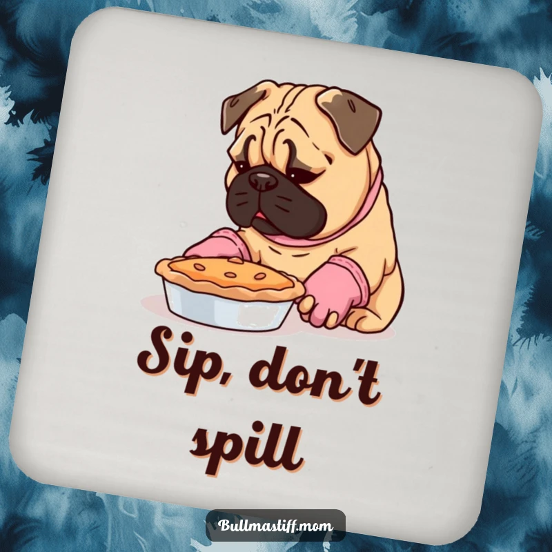 Funny Bullmastiff wearing oven mitts, inspecting a pie, depicted on a humorous drink coaster.