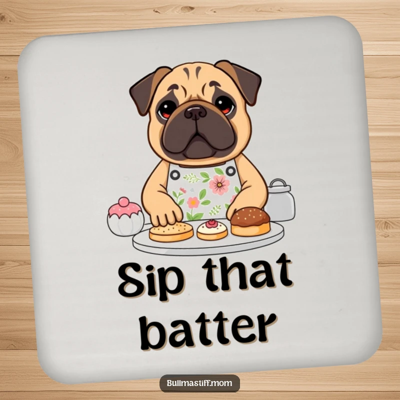 Funny Bullmastiff dog wearing a floral apron, happily baking pastries, on a drink coaster, a small funny gift.