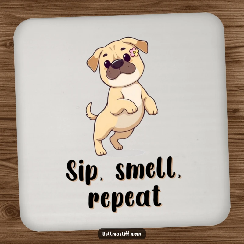 Funny Bullmastiff coasters showing a dog with a flower in its ear, prancing gracefully, adding elegant humor to your drink setup.