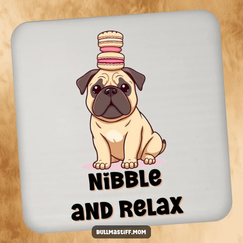 Funny Bullmastiff balancing macarons on its head, ideal for protecting surfaces on this cute coaster set.