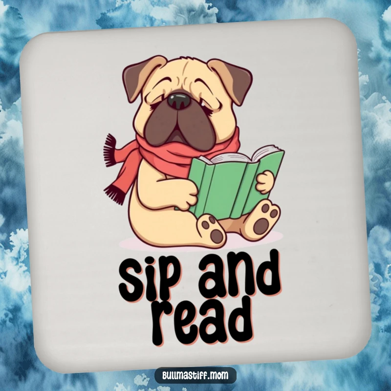 Funny Bullmastiff dog wearing a scarf, comfortably reading a book, on a drink coaster, a small funny gift.