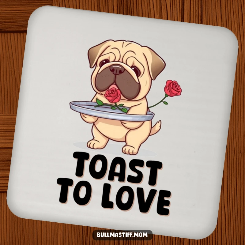 Funny Bullmastiff coaster set featuring a dog carefully carrying a tray with a single rose, protecting surfaces with devotion.