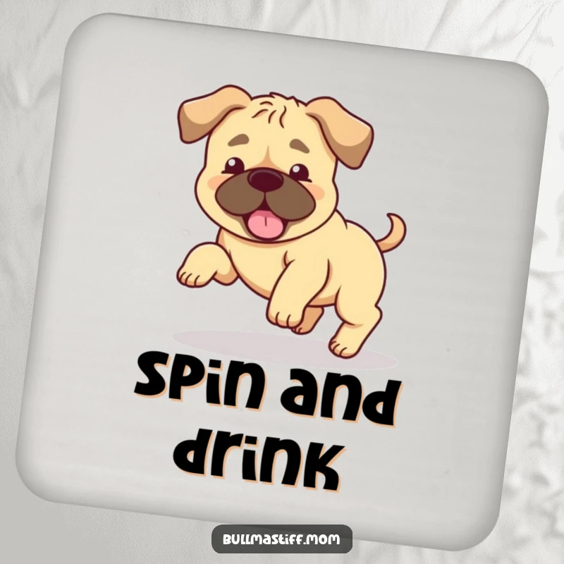 Funny Bullmastiff coaster featuring a happy dog with floppy ears chasing its tail, adding humorous dog decor. Perfect gift.