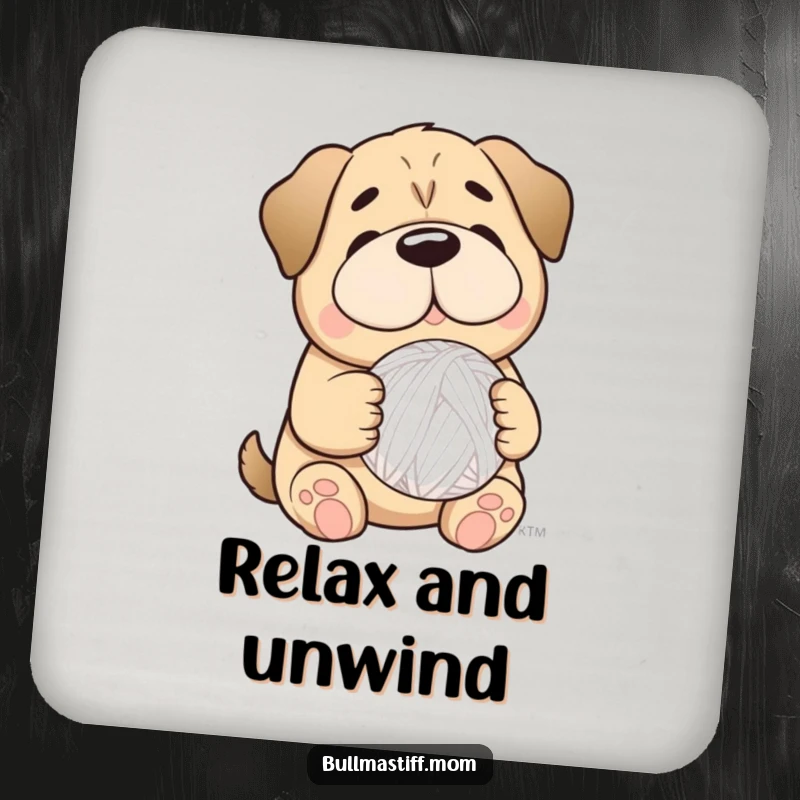 Funny Bullmastiff dog with a smile, holding a yarn ball, designed on a protective drink coaster.
