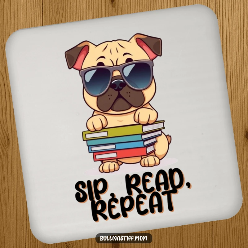 Funny Bullmastiff Coaster: A stylish dog in sunglasses balancing books, offering smart protection and humor.