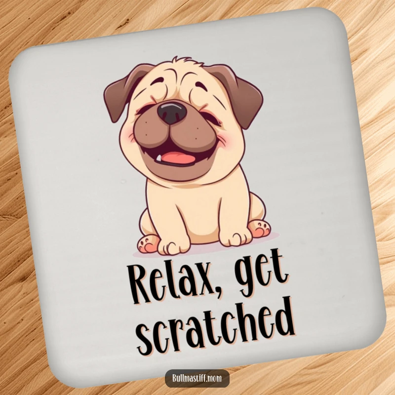 Funny Bullmastiff coasters showing a happy dog enjoying a gentle head scratch, protecting surfaces with pure canine joy and humor.