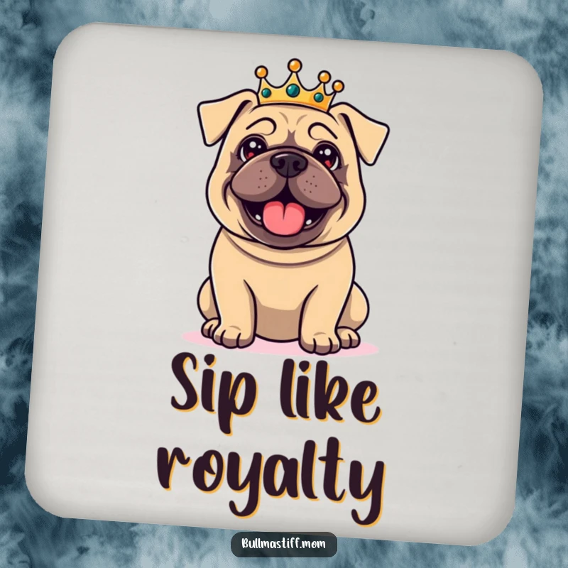 Funny Bullmastiff coasters with a delighted dog wearing a small crown, looking regal, protecting surfaces with humorous, royal charm.