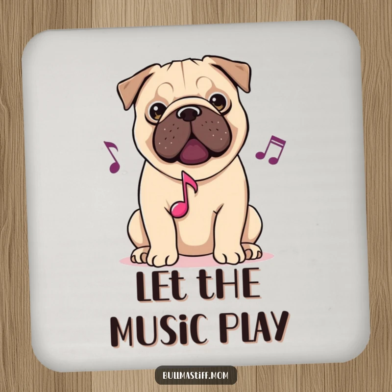 Funny drink coaster featuring a Bullmastiff with musical notes, protecting surfaces with harmonious canine charm.