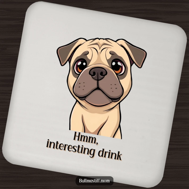 Funny Bullmastiff coaster showing a dog tilting its head with bright, curious eyes, protecting surfaces with charm.