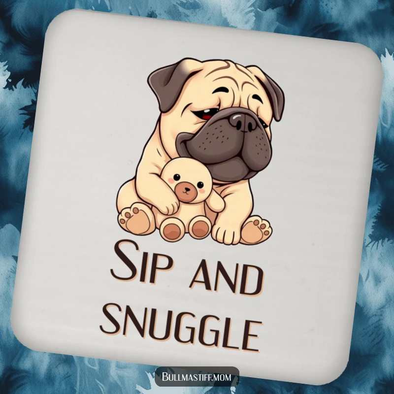 Funny Bullmastiff coaster showing a content dog holding a plush toy, protecting surfaces with heartwarming charm.