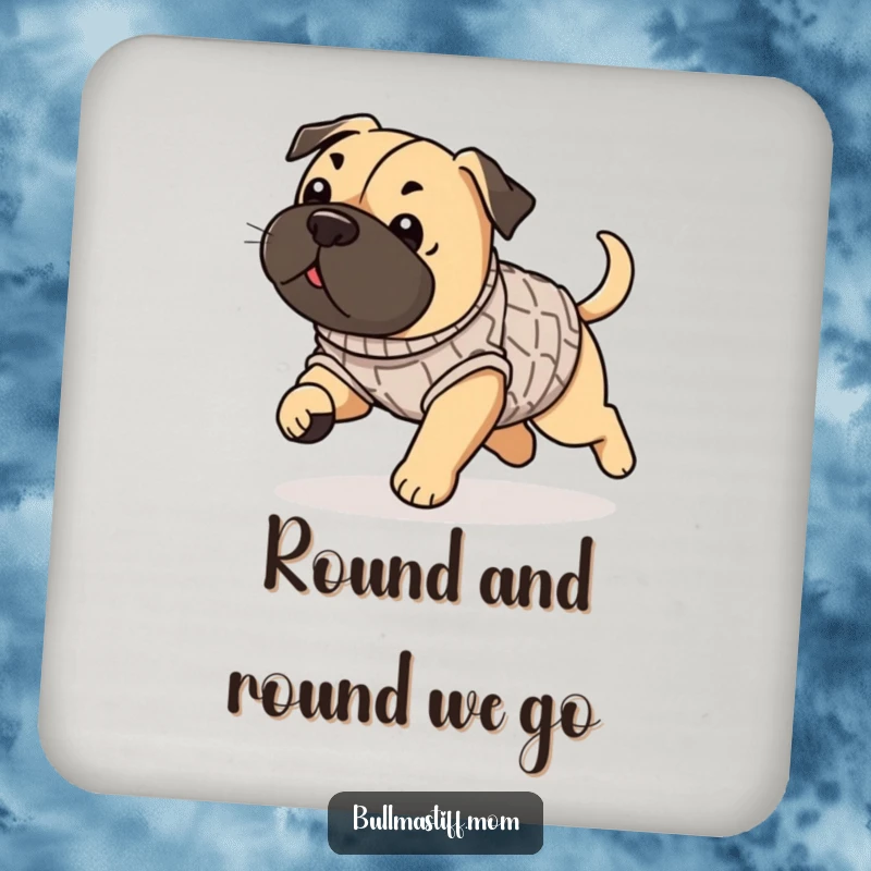 Funny Bullmastiff coasters with a dog in a sweater playfully chasing its tail, offering protection with humor.