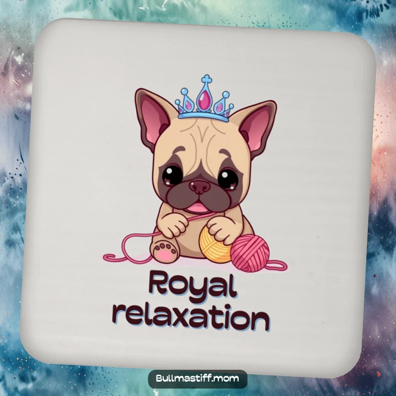 Funny Bullmastiff coasters showcasing a crowned dog hilariously interacting with a ball of yarn, adding humor to your drink setup.