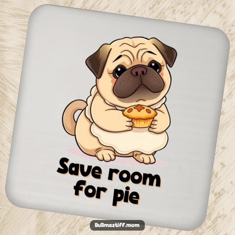 Funny Bullmastiff coaster set featuring a dog in a fluffy apron, cradling a tiny pie, protecting tables with charm.