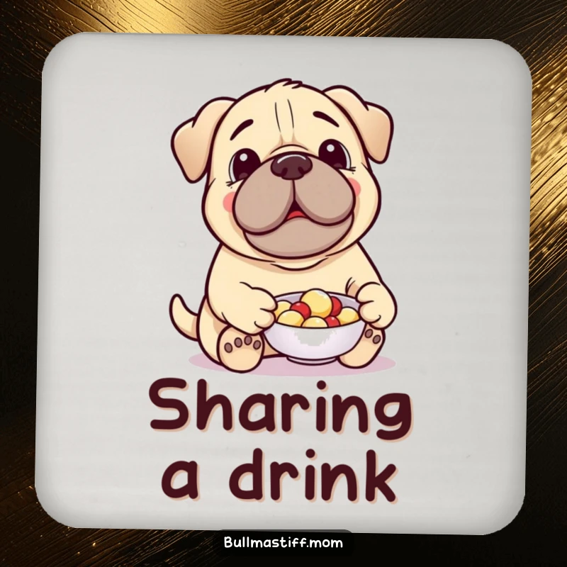 Funny Treat-Giving Bullmastiff Coaster: A cheerful Bullmastiff offers a treat, adding generous charm and surface protection.