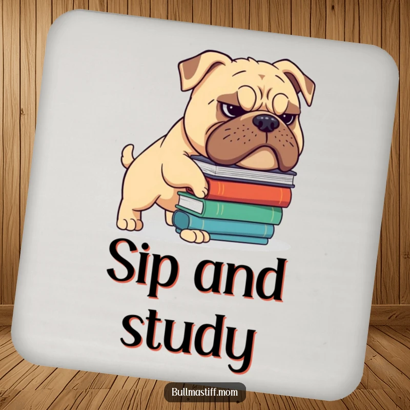 Funny Bullmastiff coaster featuring a dog with a grimace balancing books, adding intellectual humor to tabletops. Perfect gift.