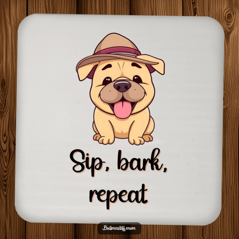 Funny Bullmastiff Coaster featuring a happy dog in a silly hat, joyfully barking, offering humorous surface protection.