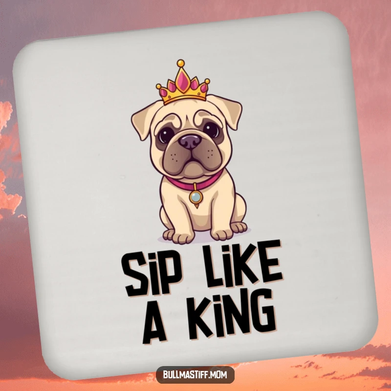 Funny Bullmastiff with a tiara, exuding regality on a coaster, a humorous and elegant accent.