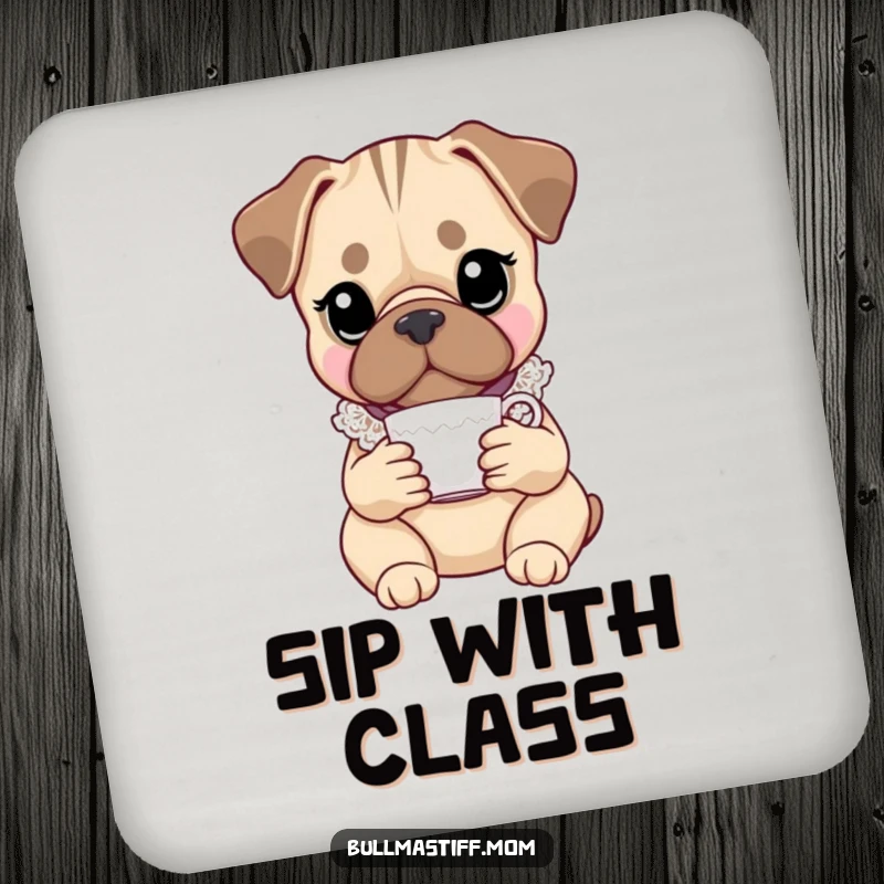 Funny Bullmastiff coaster set featuring an elegant dog with a lace collar, holding a teacup, protecting surfaces with humor.