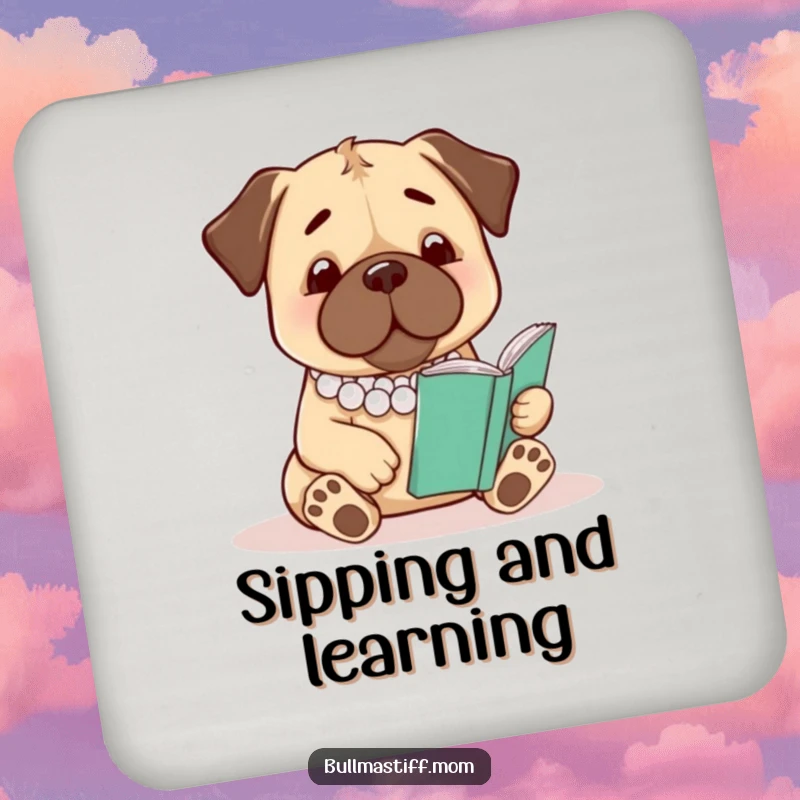 Funny Bullmastiff Coaster: A bullmastiff wearing pearls reads, guarding your surfaces with humor.