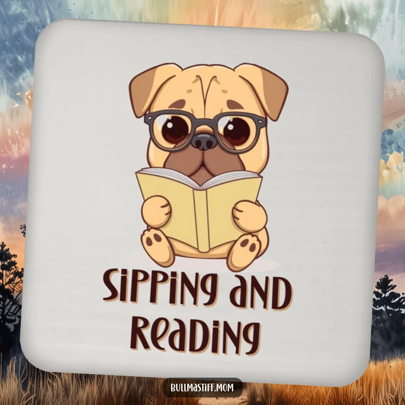 Funny Bullmastiff Coaster: A Bullmastiff dog wearing reading glasses is depicted with a book.