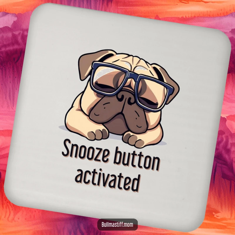 Funny Bullmastiff coasters depicting a dog with oversized glasses, napping contentedly, protecting surfaces with humor.