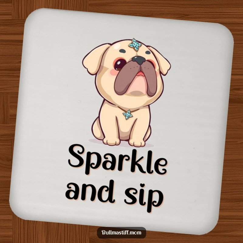 Funny Kawaii Bullmastiff Coaster: A cute Bullmastiff looks up curiously at a sparkling brooch, adding kawaii charm and surface protection.