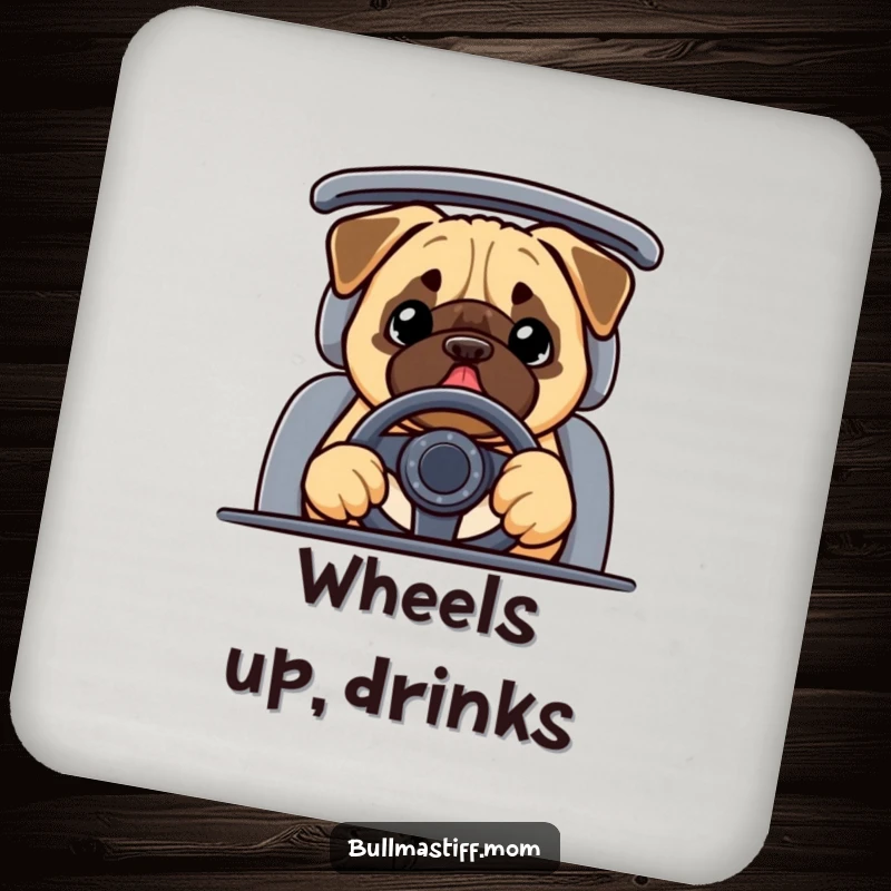 Funny Bullmastiff coasters featuring a happy dog steering a car, protecting furniture with canine humor.